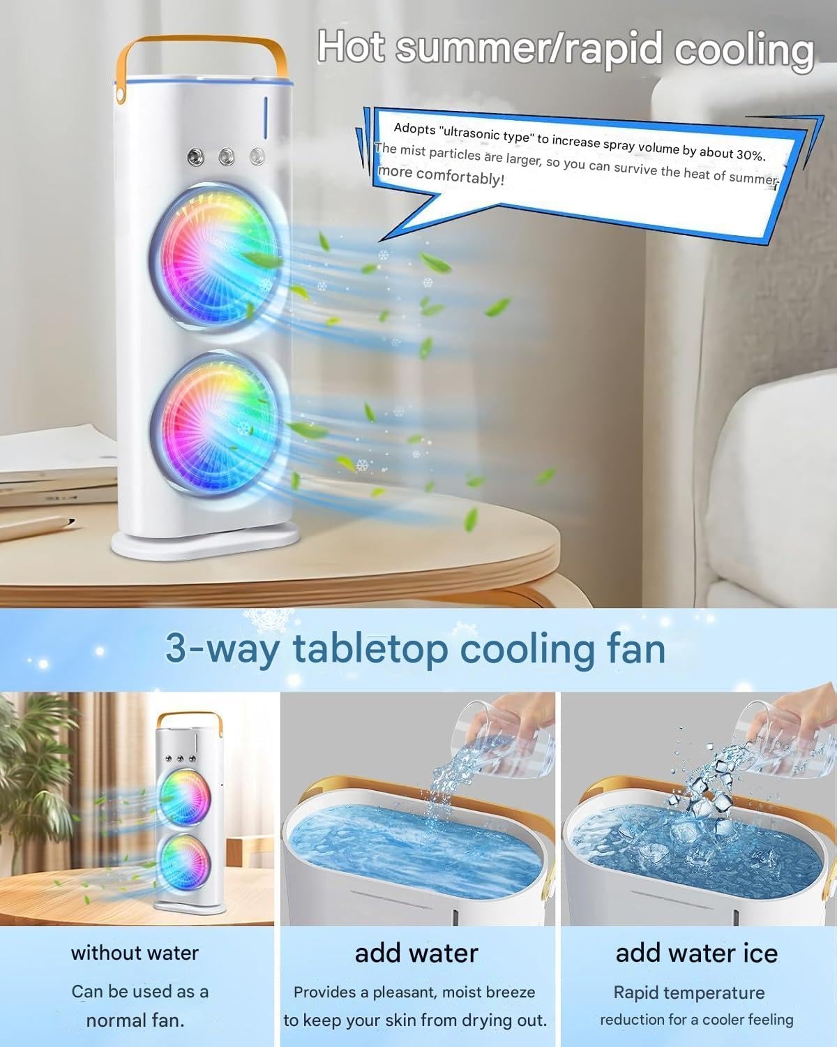 Portable Fan Double Ended Spray Fan Desk Fan with Cooler USB